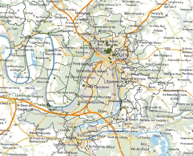 Représentation cartographique des Villas néonormandes sur la Métropole Rouen Normandie
